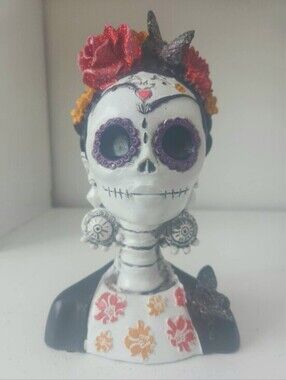 Sugar Skull Bust Catrina Decor - White with Red & Purple With Roses & Butterfly